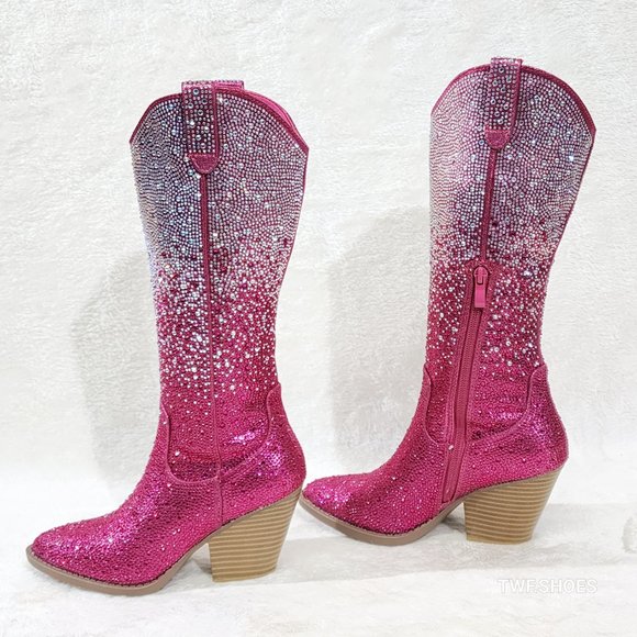 Wild Ones Fuchsia Ombre Rhinestone Western Cowgirl Knee Boots Hot Pink - Picture 4 of 17